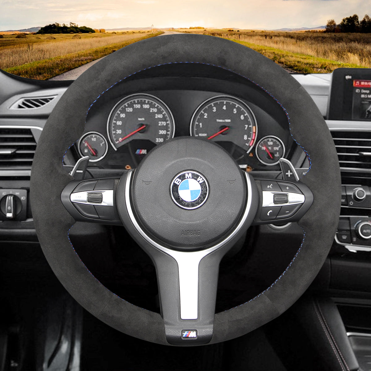 Funda de volante Mewant® Alcantara para BMW (M Sport) Serie 2 F22 F23/Serie 3 F30 F34/Serie 4 F32 F33 F36/Serie 5 F10 F07/Serie 6 F12 F13 F06/X2 F39/X3 F25/X4 F26/X5 F15/X6 F16