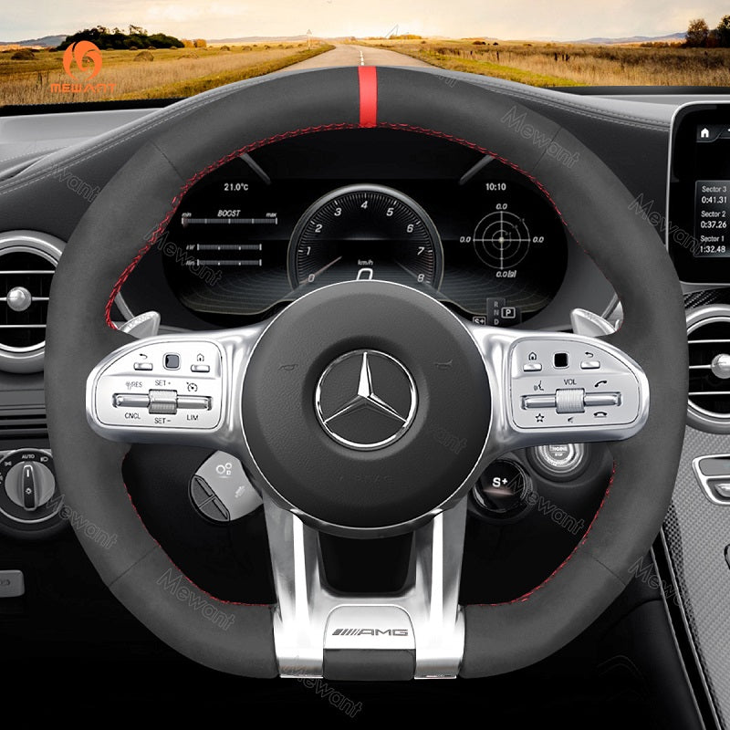 Mewant® Alcantara-Lenkradbezug für Mercedes-Benz AMG A35 GT C63 Coupé C43 C63 CLA35 CLA45 CLS53 E53 E63 G63 GLA35 GLA45 GLB35 GLC43 GLC63 GLE53 GLE63 GLS63 S63