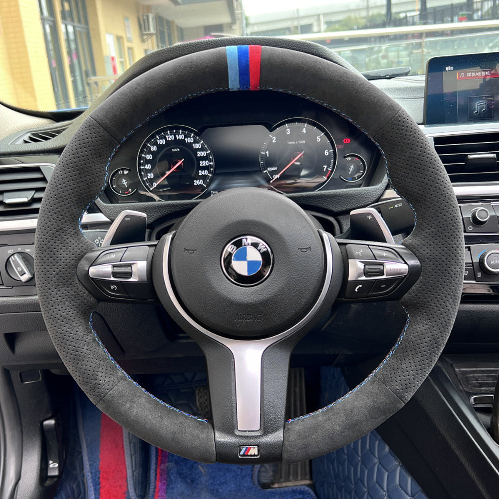 Funda de volante Mewant® Alcantara para BMW (M Sport) Serie 2 F22 F23/Serie 3 F30 F34/Serie 4 F32 F33 F36/Serie 5 F10 F07/Serie 6 F12 F13 F06/X2 F39/X3 F25/X4 F26/X5 F15/X6 F16