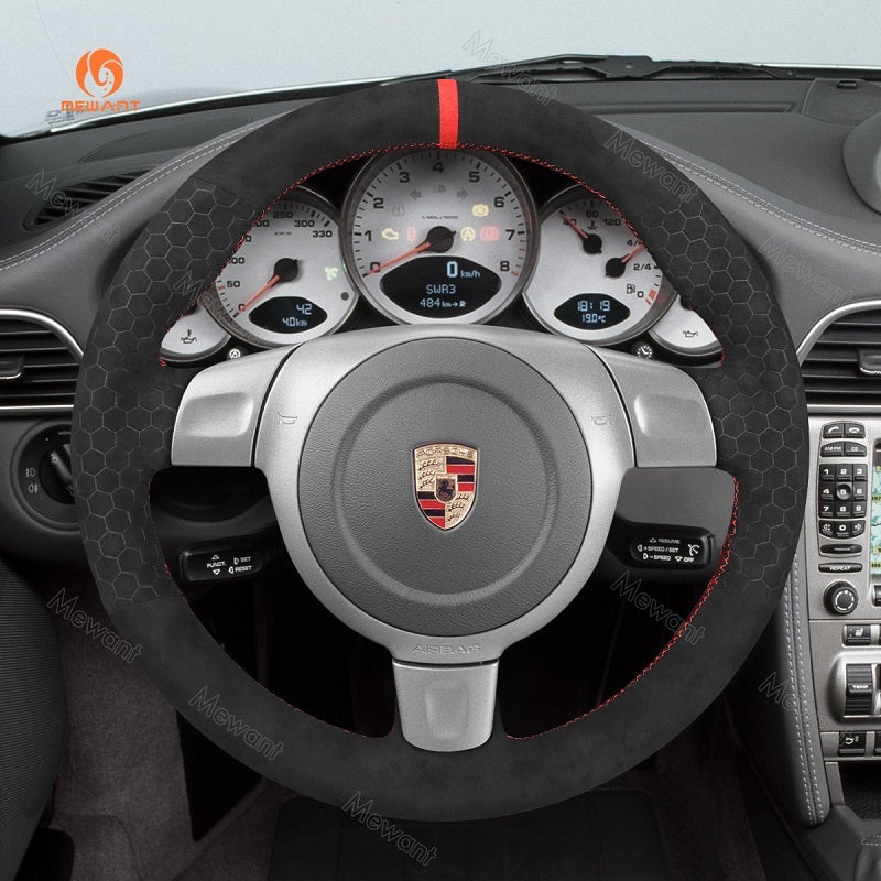 Mewant® Alcantara Car Steering Wheel Cover for Porsche 911 (997) 2005-2009 Boxster (987) 2005-2009 Cayman (987) 2006-2009