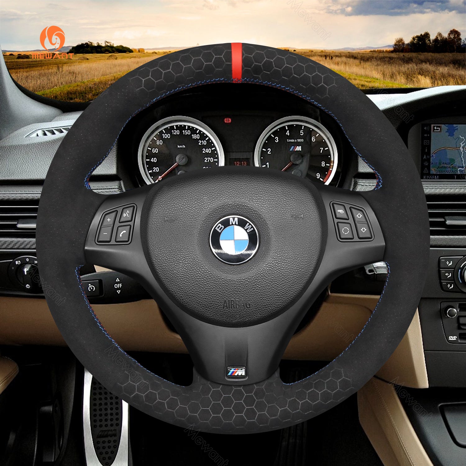 Mewant® Alcantara Car Steering Wheel Cover for BMW 1Series E87(5doorHatchback) E81 (3 door Hatchback) E82 (Coupe) E88 (Convertible) M E82;3 Series E90 (Sedan) E91 (Touring) E92 (Coupe) E93 (Convertible) X1 E84 M3 E90 M3 E92 M3 E93