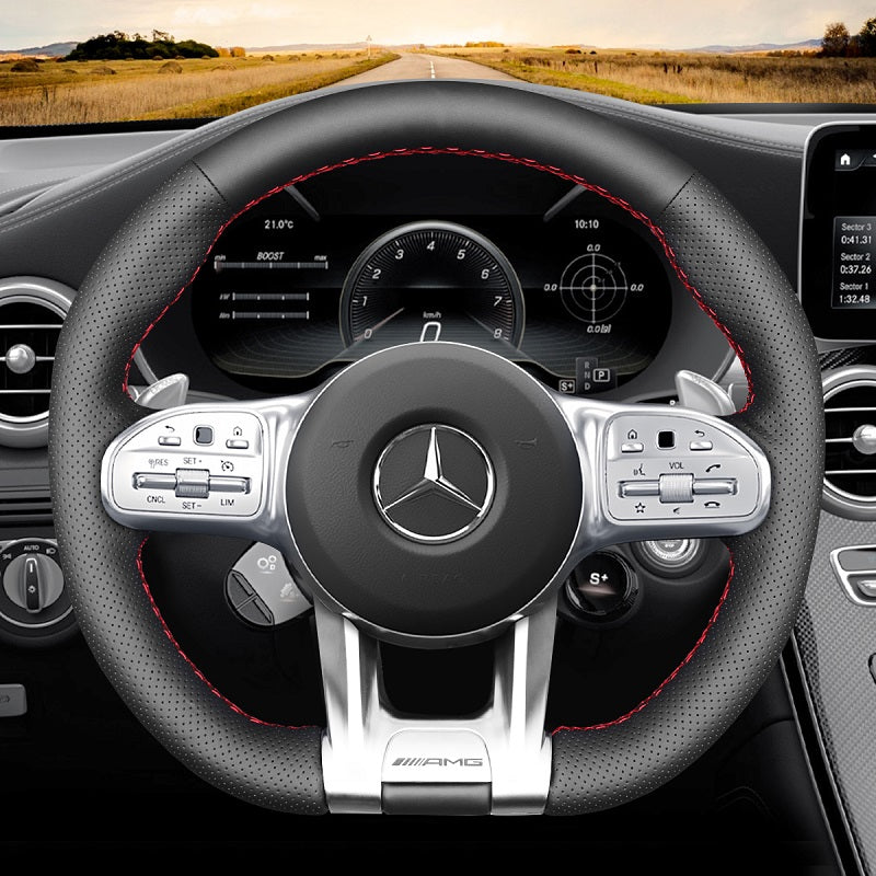 Mewant® Alcantara-Lenkradbezug für Mercedes-Benz AMG A35 GT C63 Coupé C43 C63 CLA35 CLA45 CLS53 E53 E63 G63 GLA35 GLA45 GLB35 GLC43 GLC63 GLE53 GLE63 GLS63 S63
