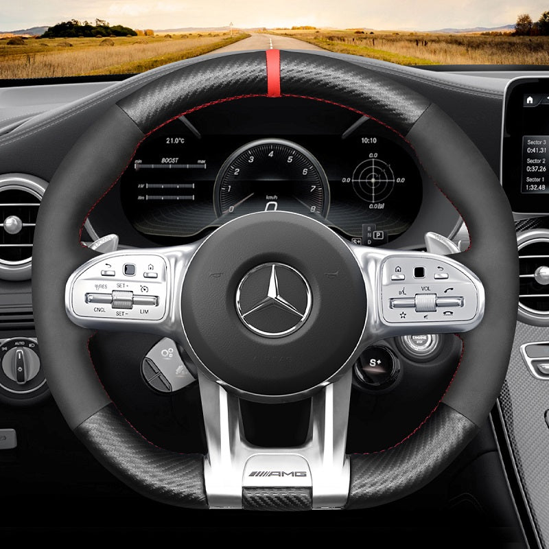 Mewant® Alcantara-Lenkradbezug für Mercedes-Benz AMG A35 GT C63 Coupé C43 C63 CLA35 CLA45 CLS53 E53 E63 G63 GLA35 GLA45 GLB35 GLC43 GLC63 GLE53 GLE63 GLS63 S63