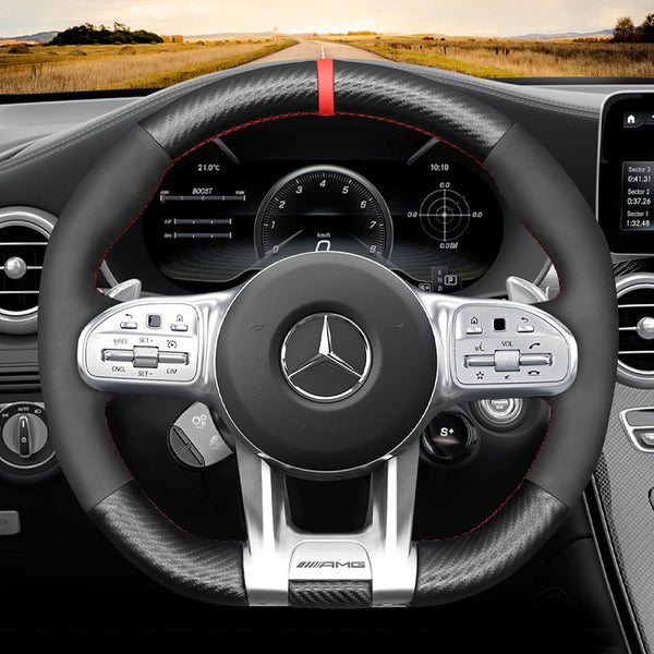 Mewant® Alcantara-Lenkradbezug für Mercedes-Benz AMG A35 GT C63 Coupé C43 C63 CLA35 CLA45 CLS53 E53 E63 G63 GLA35 GLA45 GLB35 GLC43 GLC63 GLE53 GLE63 GLS63 S63