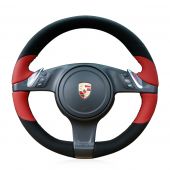 MEWANT Hand Stitch Black Leather Red Suede Car Steering Wheel Cover for Porsche Cayenne Panamera 2010 2011 