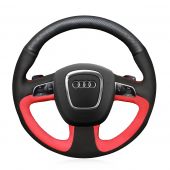 MEWANT Black Real Genuine Leather Black Red Suede Car Steering Wheel Cover for Audi A3 (8P) Sportback A4 (B8) Avant A5 (8T) A6 (C6) A8 (D3) Q5 (8R) Q7 (4L) S3 S4 S5 S6 S8 RS 4 Seat Exeo (ST) 2009-2012