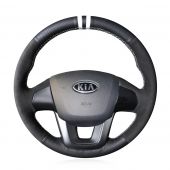 MEWANT Hand Stitch Customize Black Real Genuine Leather Car Steering Wheel Cover Wrap for Kia K2 Kia Rio 2011 2012 2013