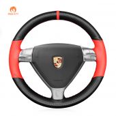 MEWANT Hand Stitch Carbon Fiber Red Leather Car Steering Wheel Cover for Porsche 911 (997) 2004-2009 / Boxster (987) 2005-2009 / Cayman (987) 2005-2009