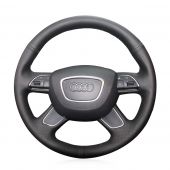 MEWANT Black PU Leather Genuine Leather Car Steering Wheel Cover for Audi Q7 2012-2015 Q3 Q5 2013-2016 A4 (B8) 2014 2015 A6 (C7) 2014-2016, Custom Genuine Leather Wrap Steering Wheel Cover
