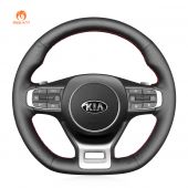 MEWANT Hand Stitch Black PU Leather Real Genuine Leather Car Steering Wheel Cover for Kia Optima / Kia K5 GT GT-Line Sedan 2021-2022