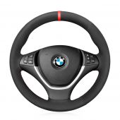 MEWANT Hand Stitch Black Real Genuine Leather PU Leather Suede Car Steering Wheel Cover for BMW X5 E70 2006-2013 X6 E71 2008-2014 / E72 (ActiveHybrid X6) 2009-2010