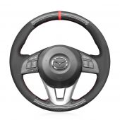 MEWANT Hand Stitch Black Genuine PU Leather Suede Carbon Fiber Car Steering Wheel Cover for Mazda 3 Axela Mazda 6 Atenza Mazda 2 Demio CX-3 CX-5 for Scion iA for Toyota Yaris iA