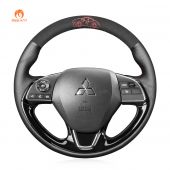 MEWANT Black Real Genuine Leather Suede with Top Embroidery Car Steering Wheel Cover for Mitsubishi  ASX 2016-2019 Outlander 2015-2019 Mirage 2016-2019 / Eclipse (Cross) 2017-2019