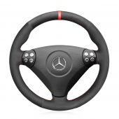 MEWANT Hand Stitch Black Suede Real Genuine Leather Car Steering Wheel Cover for Mercedes Benz C-Class W203 2005-2007 / SLK-Class R171 2005-2008