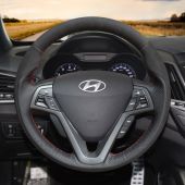 MEWANT Custom Hand Stitch Sewing Black Suede Genuine Car Steering Wheel Cover for Hyundai Veloster 2011-2017