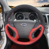 For Hyundai Sonata Sonata 8 2011 2012 2013 2014, Custom Red Perforated Leather Black Suede Steering Wheel Cover