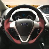 MEWANT Hand Stitch Black Suede Wine Red Leather Suede Car Steering Wheel Cover for Ford Fiesta Ecosport B-MAX Ka(Ka+) Tourneo Courier Transit Courier   