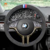 MEWANT Hand Stitch Dark Grey Alcantara Material Car Steering Wheel Cover for BMW E46 318i 325i 330ci / E39 / X5 E53 / Z3 E36/7 E36/8