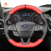 MEWANT Hand Stitch Red Carbon Fiber Black PU Leather Real Genuine Leather Car Steering Wheel Cover for Ford Focus (RS | ST | ST-Line) 2015-2018 Kuga (ST-Line) 2019 Ecosport (ST-Line) 2017-2020