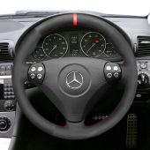 MEWANT Hand Stitch Black Suede Real Genuine Leather Car Steering Wheel Cover for Mercedes Benz C-Class W203 2005-2007 / SLK-Class R171 2005-2008