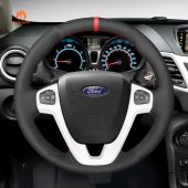 MEWANT Hand Stitch Black Suede Real Genuine Leather Car Steering Wheel Cover for Ford Fiesta (US) 2011-2019
