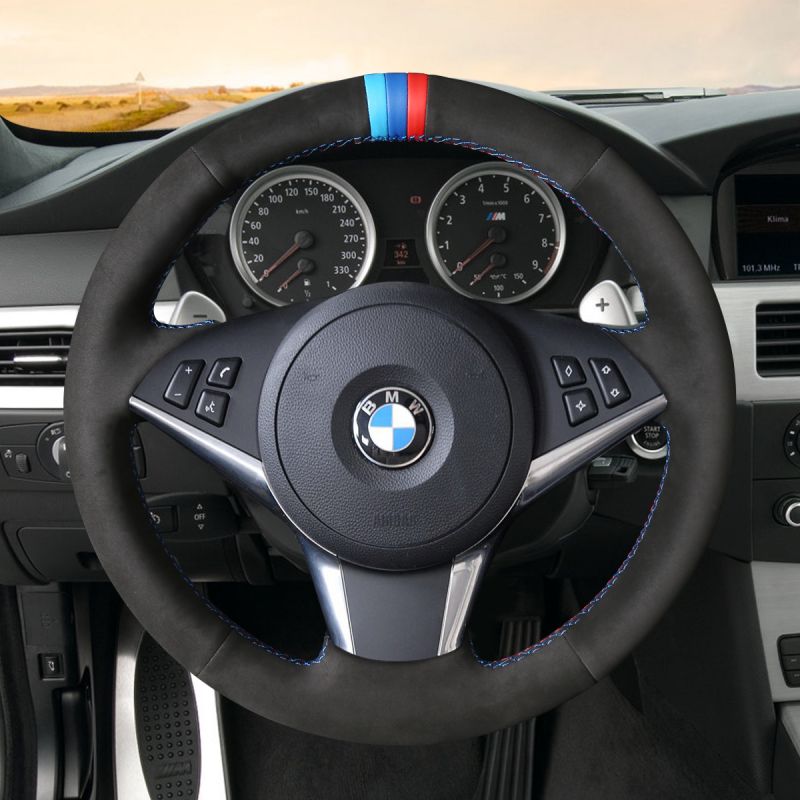 DIY Black Leather Suede Car Steering Wheel Cover for 5 Series E60 E61 2004-2010