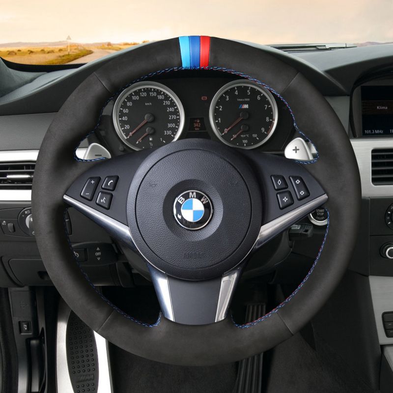 Black Suede Car Steering Wheel Cover Stitch for BMW 5 Series E60 E61 2004-2010 
