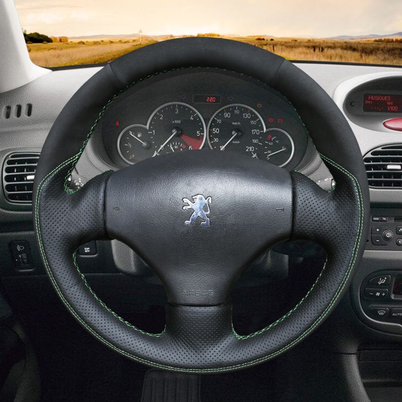 For Peugeot 206 HDi SW CC Black Real Genuine Leather Steering Wheel Cover