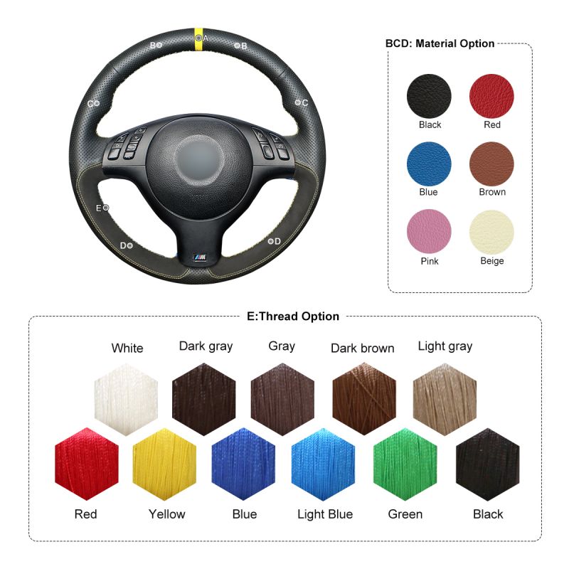 MEWANT Superior Black Genuine Leather Black Suede Car Steering Wheel Cover for E46 E39 330i 540i 525i 530i 330Ci M3 2001-2003