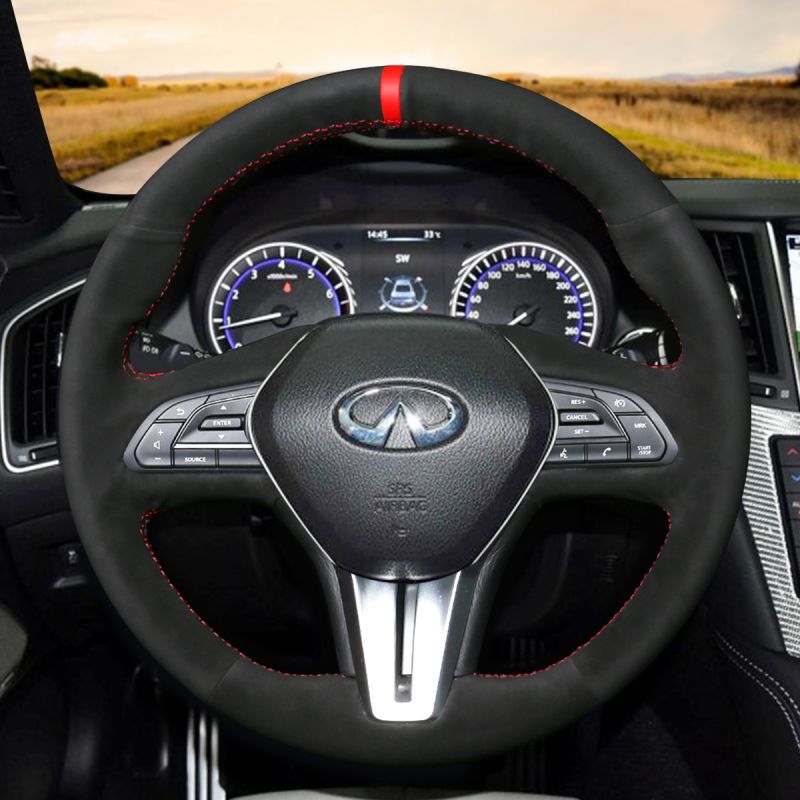 Black Real Suede Steering Wheel Cover for Infiniti Q50 QX50 2018 2019 Q60 N33
