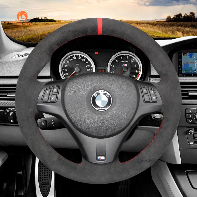 MEWANT Hand-Stitched Black Suede with Red Marker Steering Wheel Cover Wrap for BMW 1 Series E81 E82 E87 E88 2008-2012/3 Series E90 E91 E92 E93 2006-2011