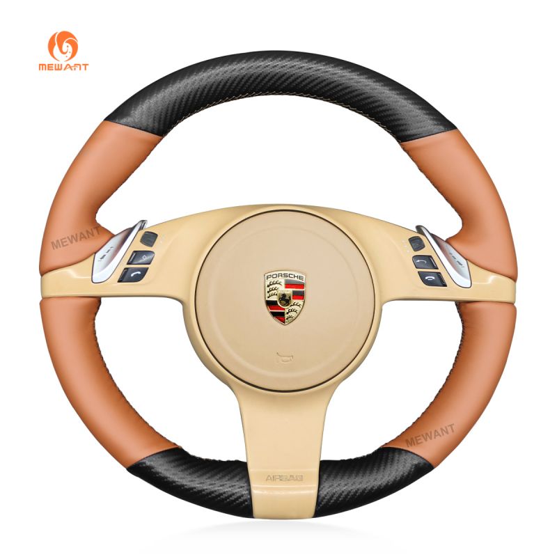 MEWANT Hand Stitch Carbon Fiber Brown PU Leather or Alcantara Car Steering  Wheel Cover for Porsche 911 (991) 2009-2015 / Boxster (981) 2009-2016 /