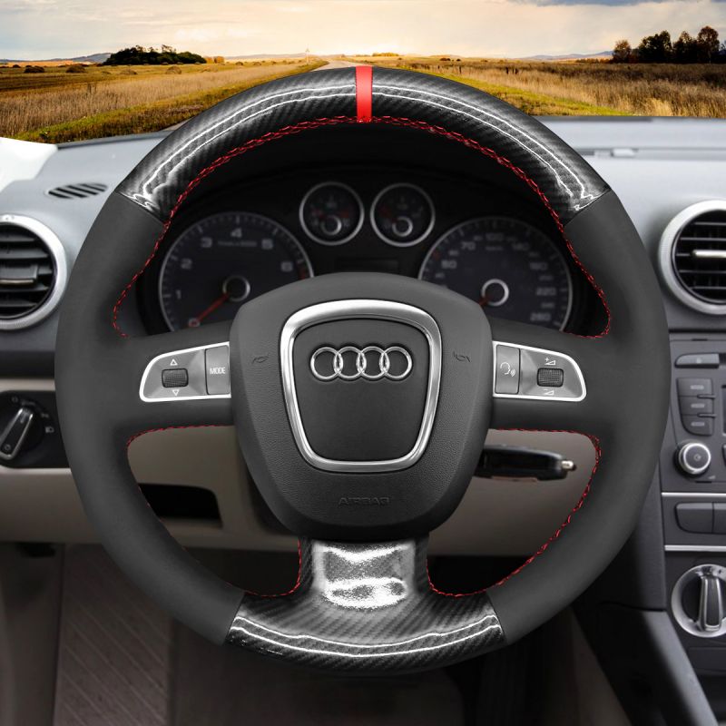 ＭEWANT PU Leather Real Genuine Leather Suede Carbon Fiber Car Steering  Wheel Cover for Audi A3 (8P) Sportback A4 (B8) Avant A5 (8T) A6 (C6) A8  (D3) Q5