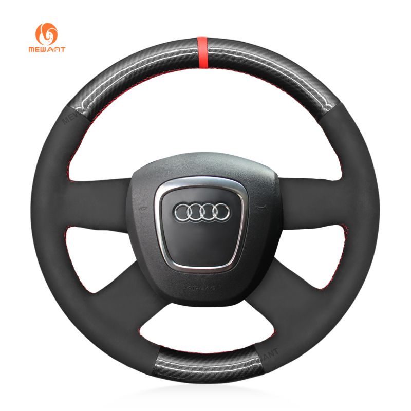 MEWANT Hand Stitch Black PU Leather Real Genuine Leather Suede Carbon Fiber  Car Steering Wheel Cover for Audi A3 (8P) Sportback A4 (B8) A4 (B7) A6