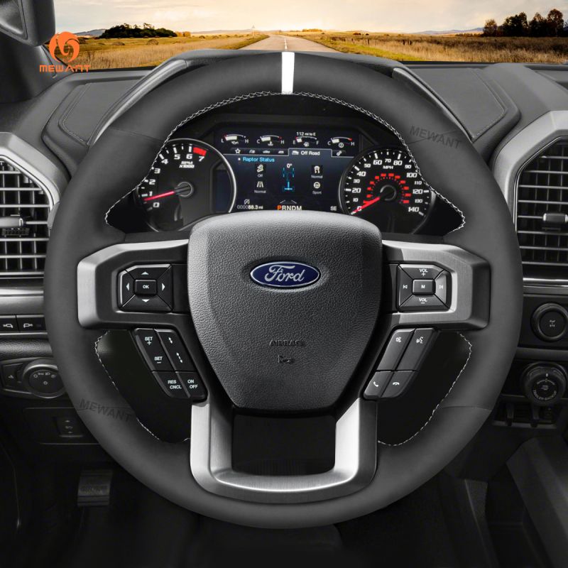 MEWANT Hand Stitch Black Suede Car Steering Wheel Cover for Ford F 